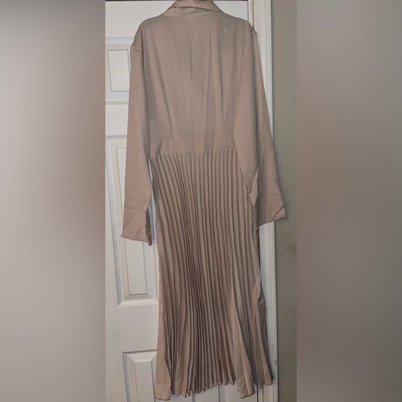 New, Beige Lapel Collar Pleated Hem Dress, Size Large - Picture 14 of 16